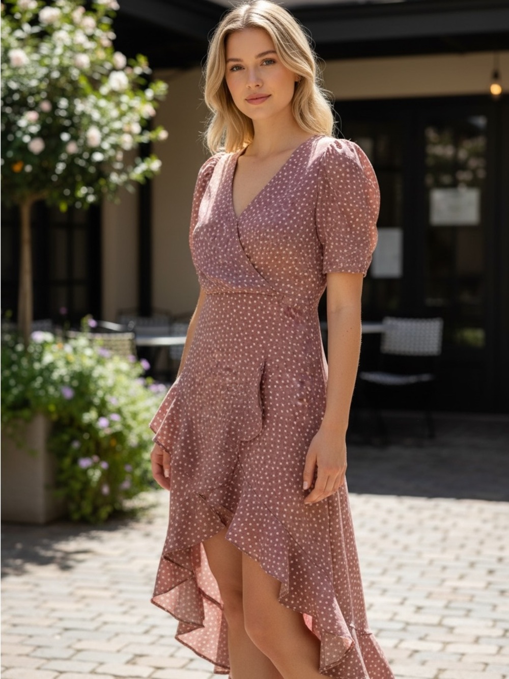 Kittenish Dusty Rose Polka Dot High-Low Wrap Dress